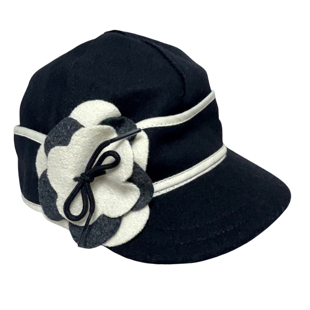 Stormy Kromer Women's‎ Petal Pusher Cap Black Wool Flower Accent Hat Size 7